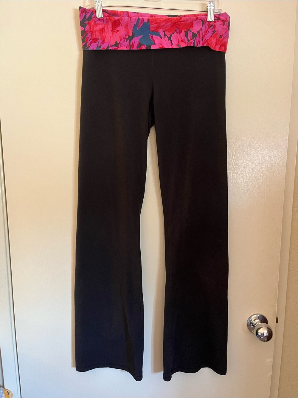 Victoria Secret Black Yoga Pants with Pink Floral Fold-Over Waistband
